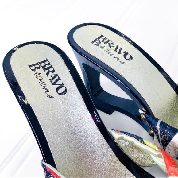 BROWNS BRAVO FLORAL WOODEN WEDGE  SUMMER MULTICOLOURED GOLD STUDS SANDALS - Picture 12 of 16